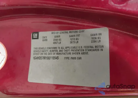 2009 Buick Lucerne Cxl-3 из США, поврежденный, VIN 1G4HD57M19U118945